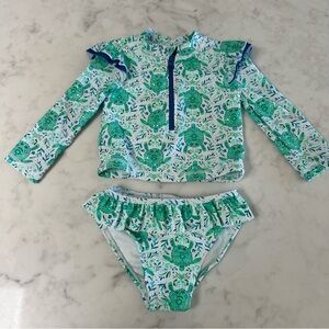 Tommy Bahama Girls Green and Blue Turtle 2 Piece Rashguard Swim Suit. 12mo